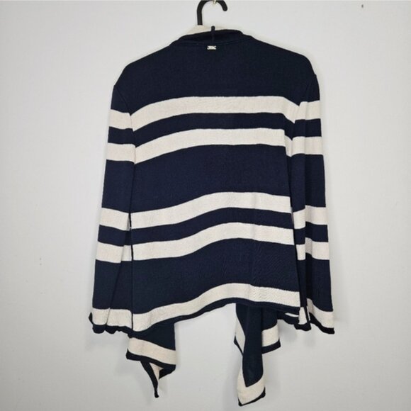 ST. JOHN Cascade Front Knit Cardigan Sz S Geometric Stripes Navy Off White - Picture 7 of 9
